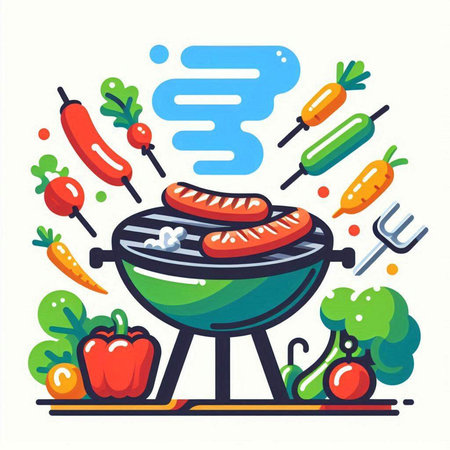Barbecue grill with sausages and vegetables. Vector illustration.のイラスト素材