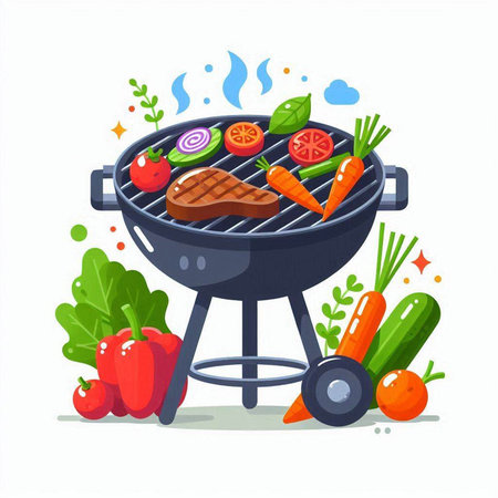 Barbecue grill with meat, vegetables and herbs. Vector illustration.のイラスト素材