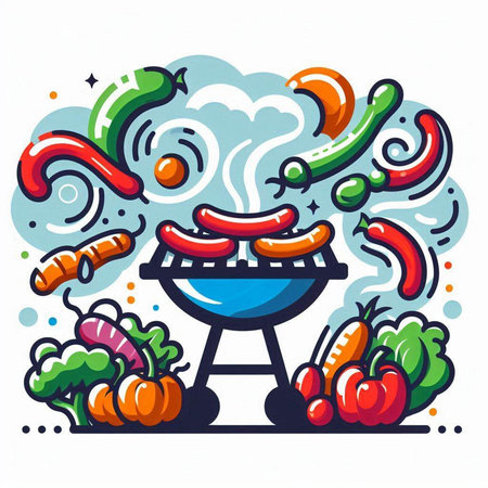Vector illustration of barbecue grill with sausage and vegetables in doodle style.のイラスト素材