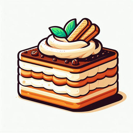 Illustration of delicious tiramisu cake with whipped cream and mint leavesのイラスト素材