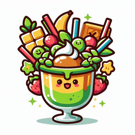 Cute Ice Cream Cartoon Mascot Character with Fruits and Sweetsのイラスト素材