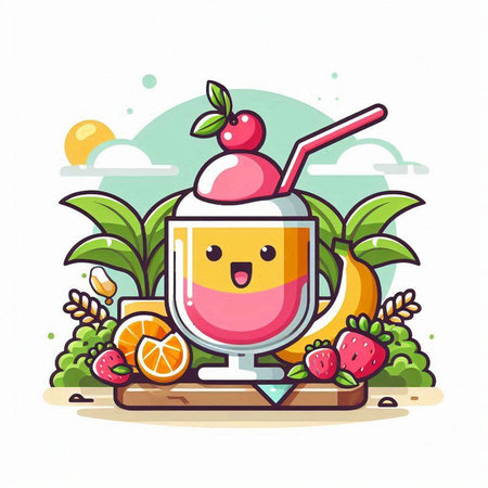 Cute cartoon smoothie with fruits and berries. Vector illustration.のイラスト素材