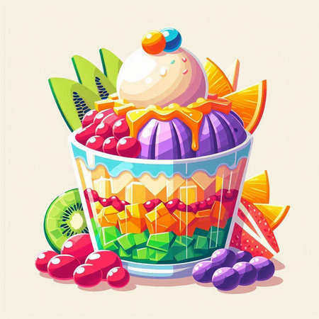 Vector illustration of a cupcake with ice cream and fruits in the backgroundのイラスト素材