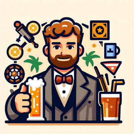 Bartender with a glass of beer. Vector illustration in flat styleのイラスト素材