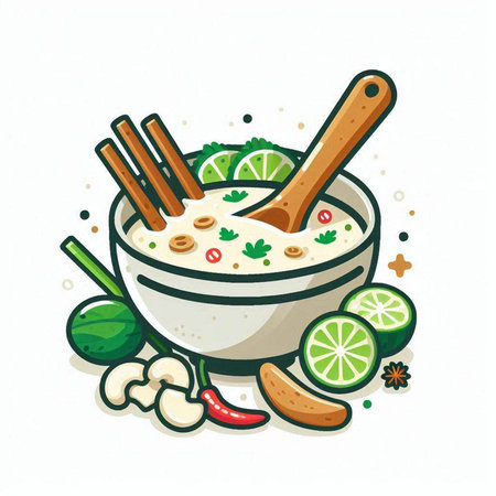 Chickpea soup in bowl with spoon and lime. Hand drawn vector illustration.のイラスト素材