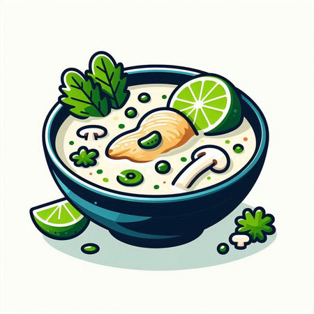 Illustration of a bowl of soup with chicken, lime and parsleyのイラスト素材