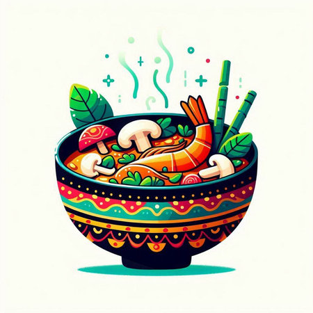 Vector illustration of a bowl with shrimps, noodles and vegetablesのイラスト素材