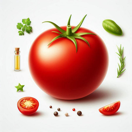 Tomato with herbs and spices on white background. Vector illustration.のイラスト素材