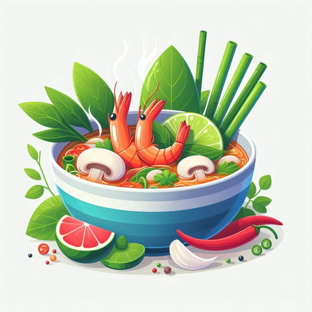 Illustration of a bowl of spicy tom yum soup with shrimp and vegetablesのイラスト素材