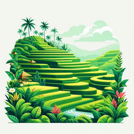 Terraced rice fields in the tropics. Vector illustration.のイラスト素材
