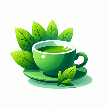 Green tea cup with green leaves on white background. Vector illustration.のイラスト素材