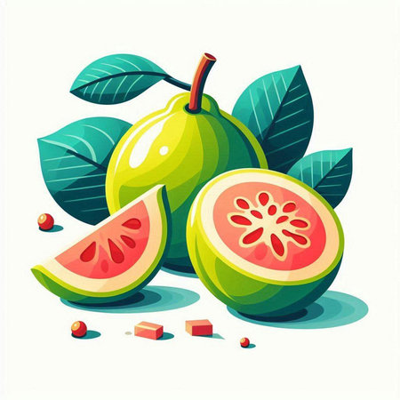 Fresh guava fruit with leaves. Vector illustration in cartoon style.のイラスト素材