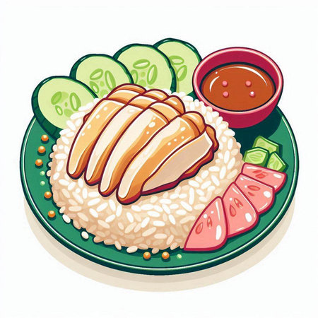 Illustration of a Japanese rice with chicken and vegetables on a plateのイラスト素材