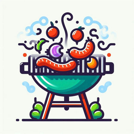 Vector illustration of a barbeque grill with sausages, vegetables and mushroomsのイラスト素材