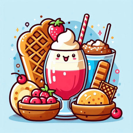Cute milkshake with whipped cream and berries. Vector illustration.のイラスト素材