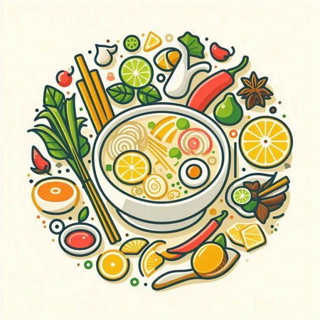 Bowl of noodle soup with vegetables and herbs. Vector illustration.のイラスト素材