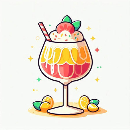 Fruit cocktail with ice cream and whipped cream. Vector illustration.のイラスト素材