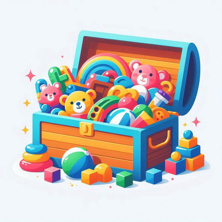 Wooden box with toys. Colorful vector illustration in cartoon style.のイラスト素材