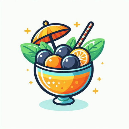 Fruit cocktail in a bowl. Vector illustration in cartoon style.のイラスト素材