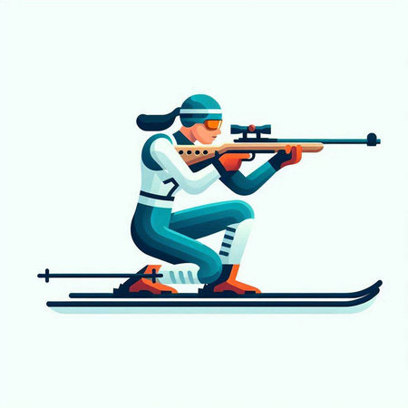 Skiing man with a gun. Flat vector illustration isolated on white background.のイラスト素材