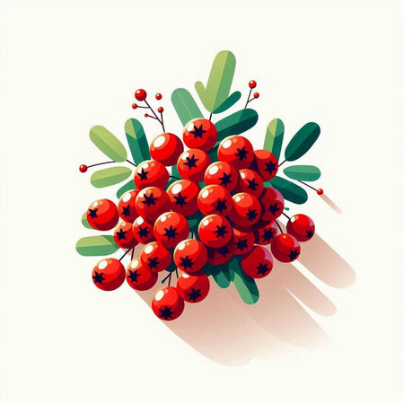 Bunch of rowan berries with green leaves. Vector illustration.のイラスト素材