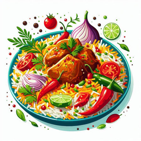 Pilaf with rice and vegetables on white background. Vector illustration.のイラスト素材