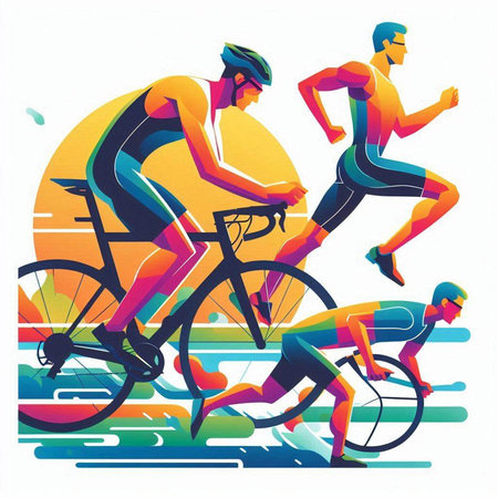 Cyclists racing in the park. Colorful vector illustration.のイラスト素材
