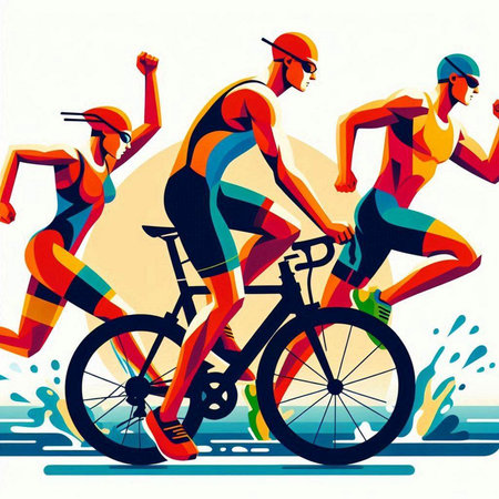 Cyclists running in the city. Vector illustration of triathlon.のイラスト素材