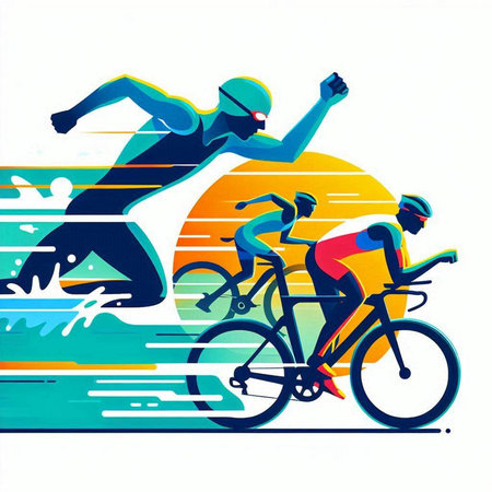 Cyclists in action on the beach. Colorful vector illustration.のイラスト素材