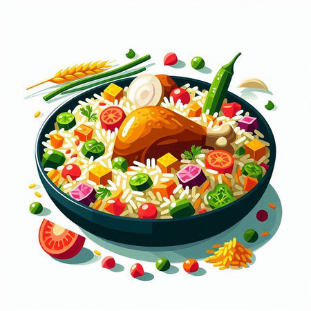 Rice with chicken and vegetables in a bowl. Vector illustration.のイラスト素材