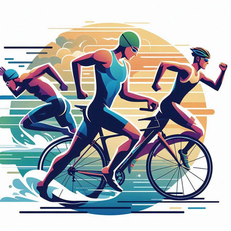Vector illustration of a triathlon race. Triathlon athletes racing.のイラスト素材