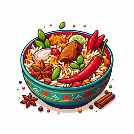Illustration of a bowl of pilaf with meat, rice and vegetablesのイラスト素材