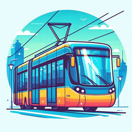 Tram in the city. Vector illustration of a cartoon style.のイラスト素材