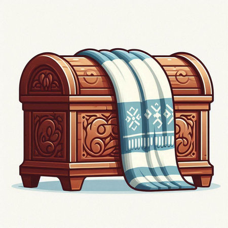 Vintage wooden chest with blue checkered towel. Vector illustration.のイラスト素材