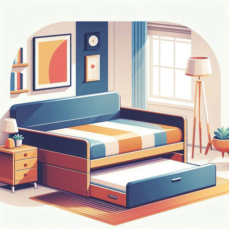 Illustration of a modern bedroom with a bed and a nightstandのイラスト素材