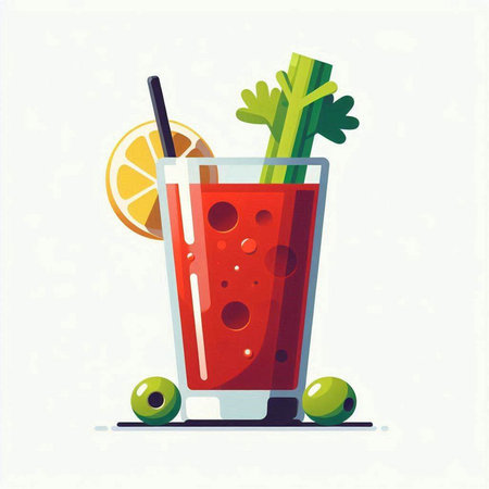 Bloody Mary cocktail with celery, lemon and olives. Vector illustrationのイラスト素材