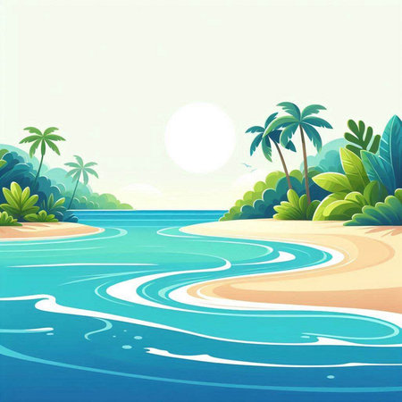 Illustration of a tropical island with palm trees and a sandy beachのイラスト素材