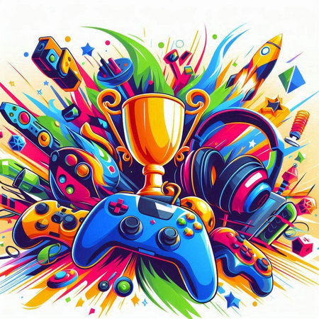 Vector illustration of a retro gamepad on a colorful abstract background.のイラスト素材