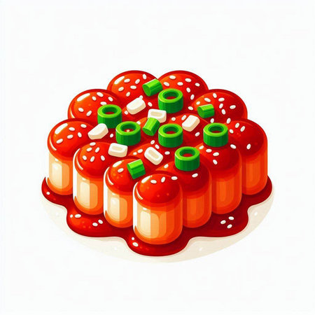 Illustration of a red cake with a cherry tomato sauce on a white backgroundのイラスト素材