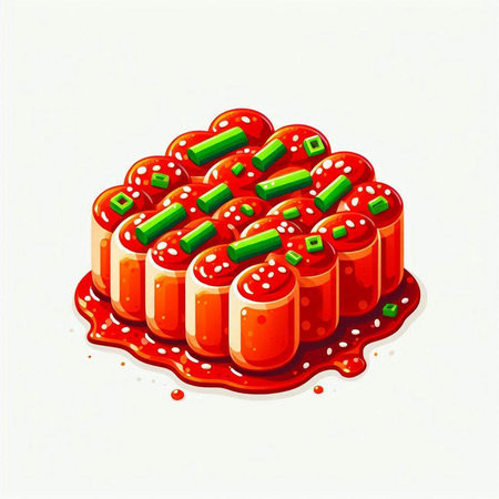 Illustration of sushi roll with tomato sauce on a white background.のイラスト素材