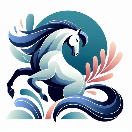 Vector image of a horse on a background of blue waves and curlsのイラスト素材
