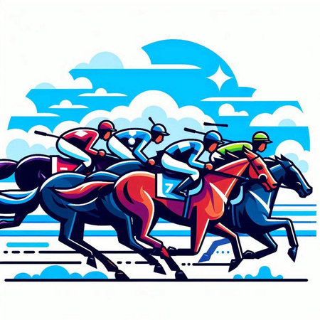 Jockeys racing on equestrian race, vector illustration.のイラスト素材