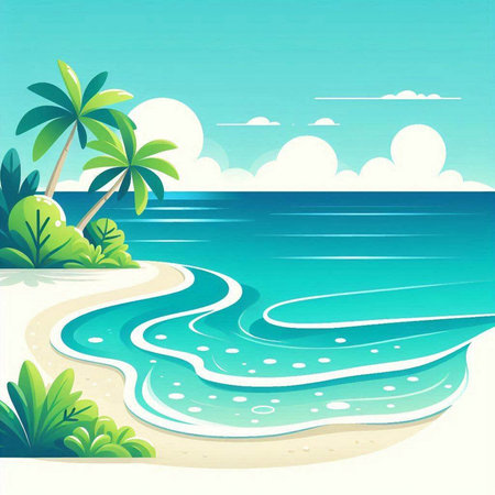 Tropical beach with palm trees and sand. Vector illustration.のイラスト素材