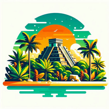 Mayan pyramid on the background of the sun and palm trees. Vector illustrationのイラスト素材