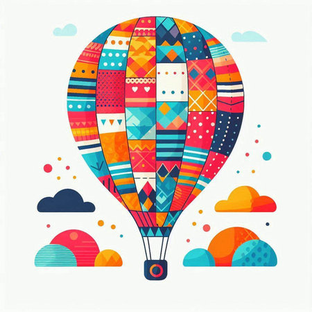 Colorful hot air balloon with colorful geometric pattern. Vector illustration.のイラスト素材