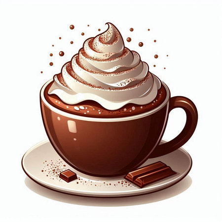 Cup of hot chocolate with whipped cream and chocolate on a white backgroundのイラスト素材