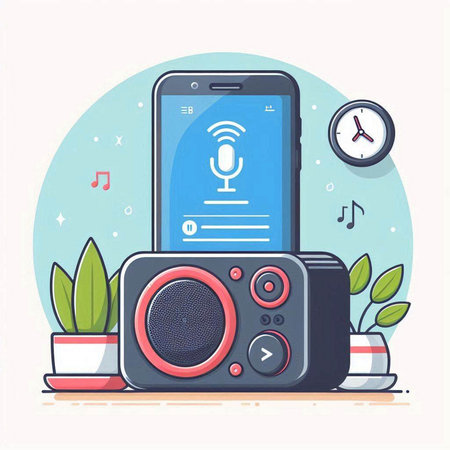 Smartphone with music player and speaker. Vector illustration in flat styleのイラスト素材
