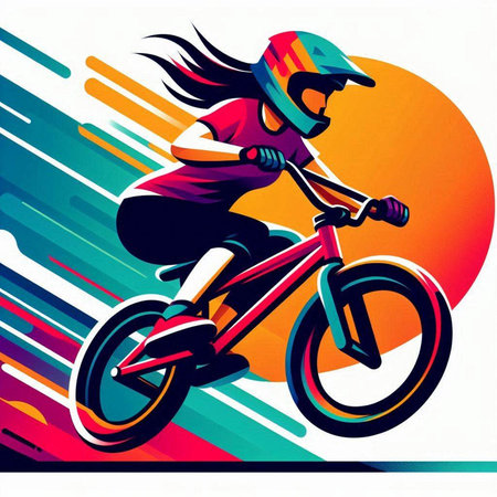 Cyclist riding a bike on colorful background. Vector illustration.のイラスト素材