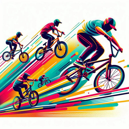 Bicyclists with bicycles, abstract colorful background, vector illustrationのイラスト素材