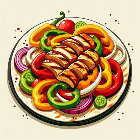 Grilled chicken fillet with vegetables on plate. Vector illustration.のイラスト素材
